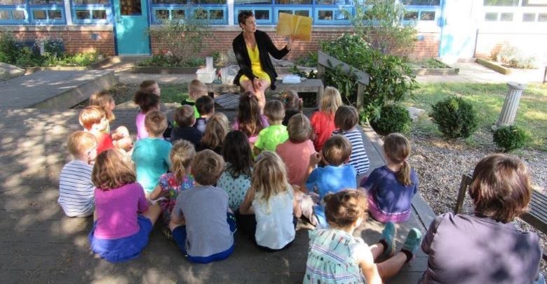 teacher reading to students outdoors
