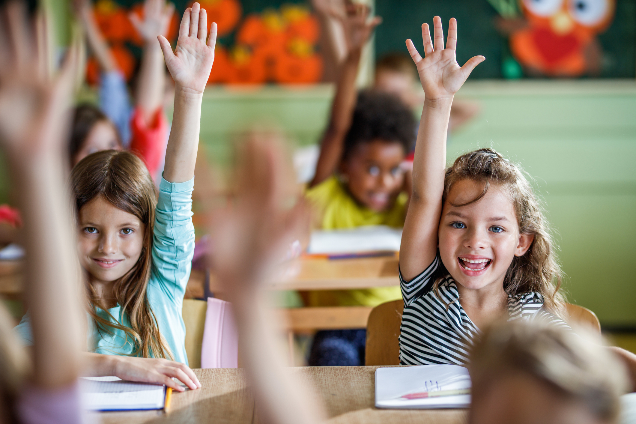 happy elementary students raising their hands